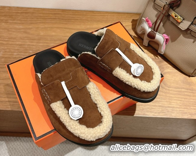 Grade Quality Hermes Go Flat Loafers in Suede and Wool with H Strap Dark Brown 1023020