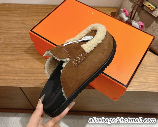 Grade Quality Hermes Go Flat Loafers in Suede and Wool with H Strap Dark Brown 1023020