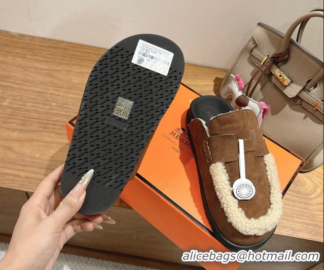 Grade Quality Hermes Go Flat Loafers in Suede and Wool with H Strap Dark Brown 1023020