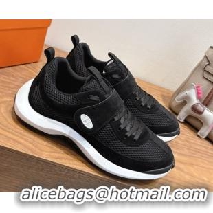 Top Grade Hermes Loop Sneakers in Suede and Knit Mesh with Strap Black 1023021