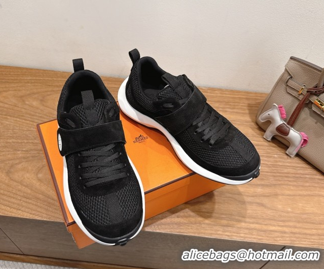 Top Grade Hermes Loop Sneakers in Suede and Knit Mesh with Strap Black 1023021