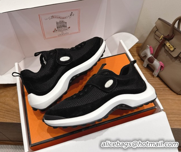 Top Grade Hermes Loop Sneakers in Suede and Knit Mesh with Strap Black 1023021