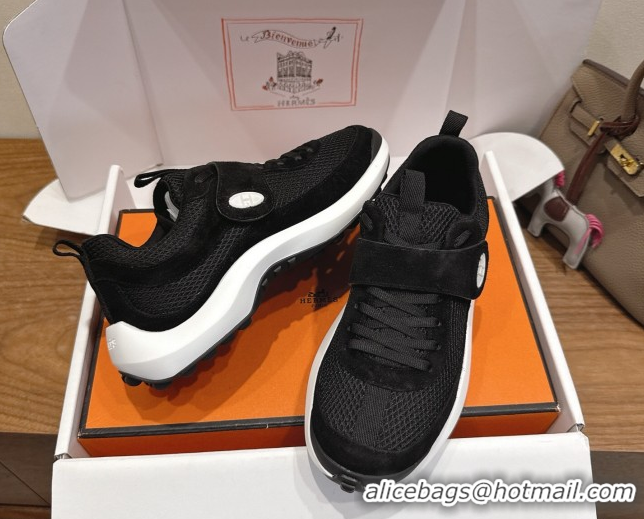 Top Grade Hermes Loop Sneakers in Suede and Knit Mesh with Strap Black 1023021