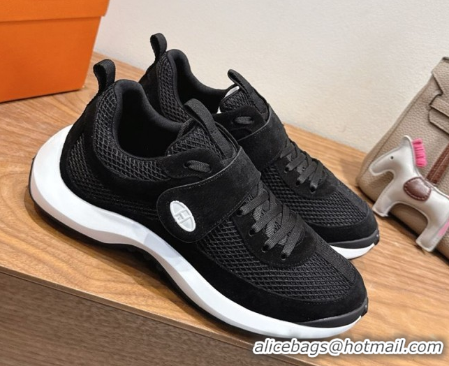 Top Grade Hermes Loop Sneakers in Suede and Knit Mesh with Strap Black 1023021