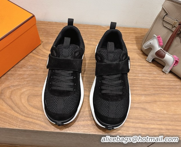 Top Grade Hermes Loop Sneakers in Suede and Knit Mesh with Strap Black 1023021