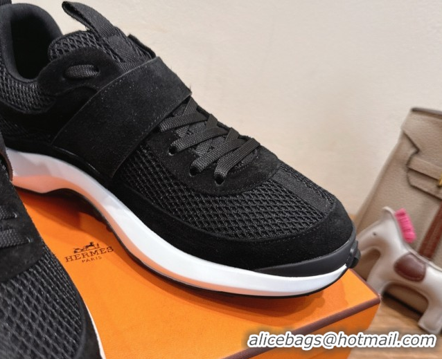 Top Grade Hermes Loop Sneakers in Suede and Knit Mesh with Strap Black 1023021
