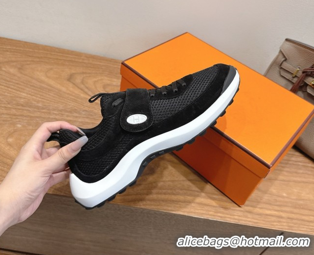Top Grade Hermes Loop Sneakers in Suede and Knit Mesh with Strap Black 1023021