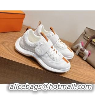 Stylish Hermes Loop Sneakers in Suede and Knit Mesh with Strap White 1023022