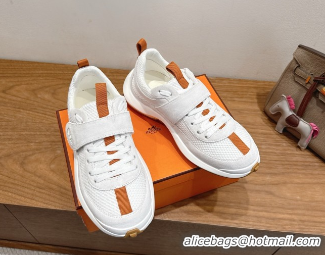 Stylish Hermes Loop Sneakers in Suede and Knit Mesh with Strap White 1023022