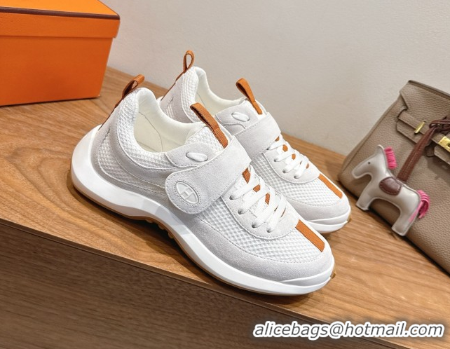 Stylish Hermes Loop Sneakers in Suede and Knit Mesh with Strap White 1023022