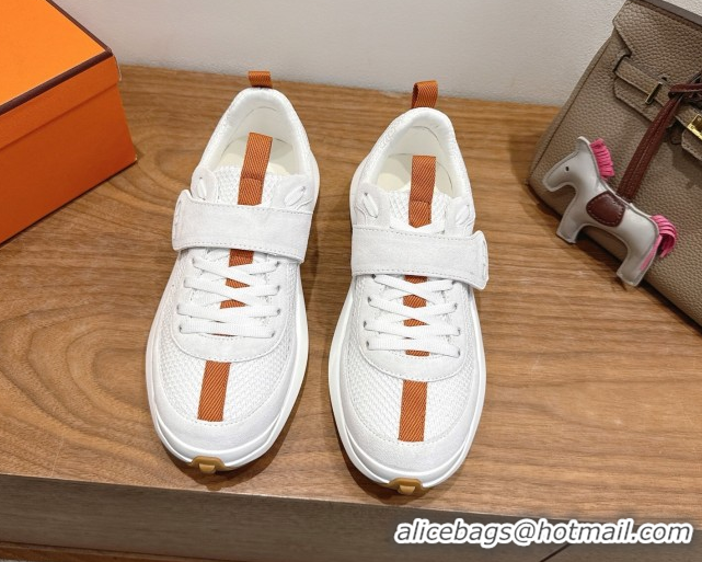 Stylish Hermes Loop Sneakers in Suede and Knit Mesh with Strap White 1023022