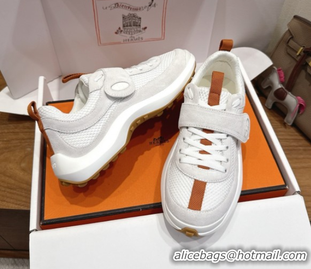 Stylish Hermes Loop Sneakers in Suede and Knit Mesh with Strap White 1023022