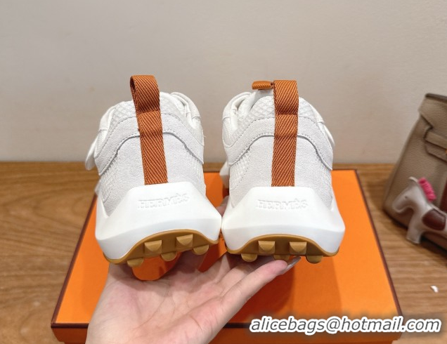 Stylish Hermes Loop Sneakers in Suede and Knit Mesh with Strap White 1023022