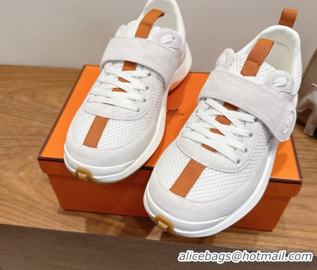 Stylish Hermes Loop Sneakers in Suede and Knit Mesh with Strap White 1023022