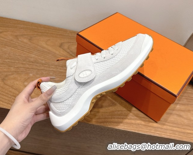 Stylish Hermes Loop Sneakers in Suede and Knit Mesh with Strap White 1023022