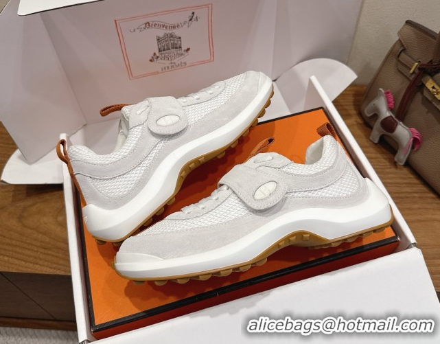 Stylish Hermes Loop Sneakers in Suede and Knit Mesh with Strap White 1023022