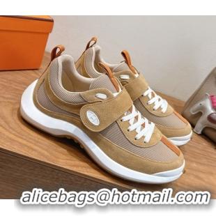 Good Quality Hermes Loop Sneakers in Suede and Knit Mesh with Strap Brown 1023023