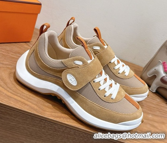 Good Quality Hermes Loop Sneakers in Suede and Knit Mesh with Strap Brown 1023023
