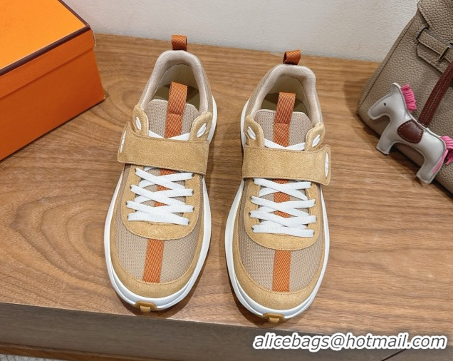 Good Quality Hermes Loop Sneakers in Suede and Knit Mesh with Strap Brown 1023023
