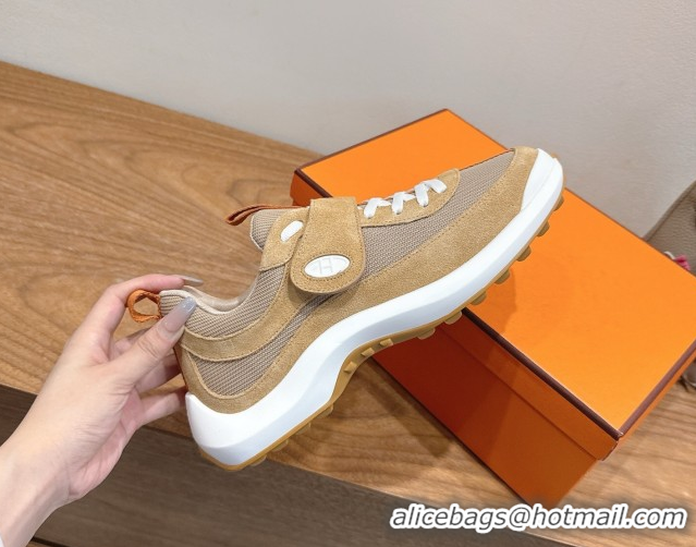 Good Quality Hermes Loop Sneakers in Suede and Knit Mesh with Strap Brown 1023023