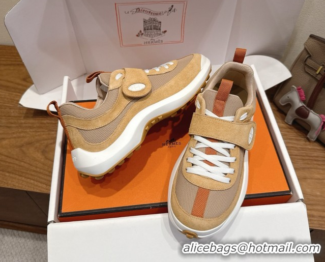 Good Quality Hermes Loop Sneakers in Suede and Knit Mesh with Strap Brown 1023023