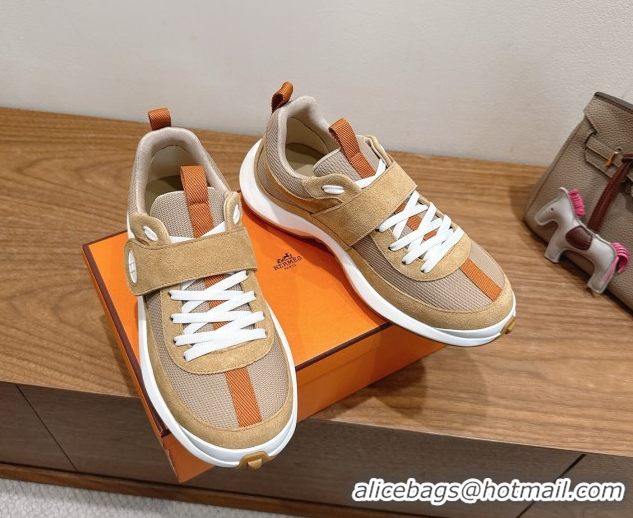 Good Quality Hermes Loop Sneakers in Suede and Knit Mesh with Strap Brown 1023023
