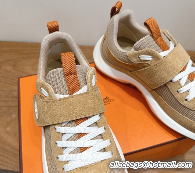 Good Quality Hermes Loop Sneakers in Suede and Knit Mesh with Strap Brown 1023023