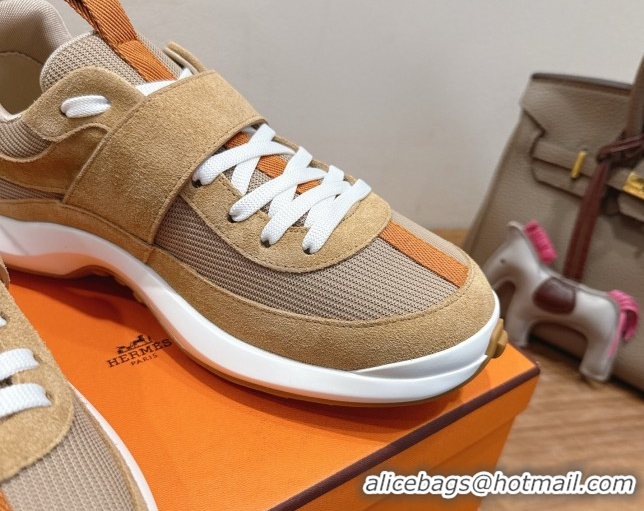 Good Quality Hermes Loop Sneakers in Suede and Knit Mesh with Strap Brown 1023023