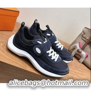 Unique Style Hermes Loop Sneakers in Suede and Knit Mesh with Strap Dark Blue 1023024