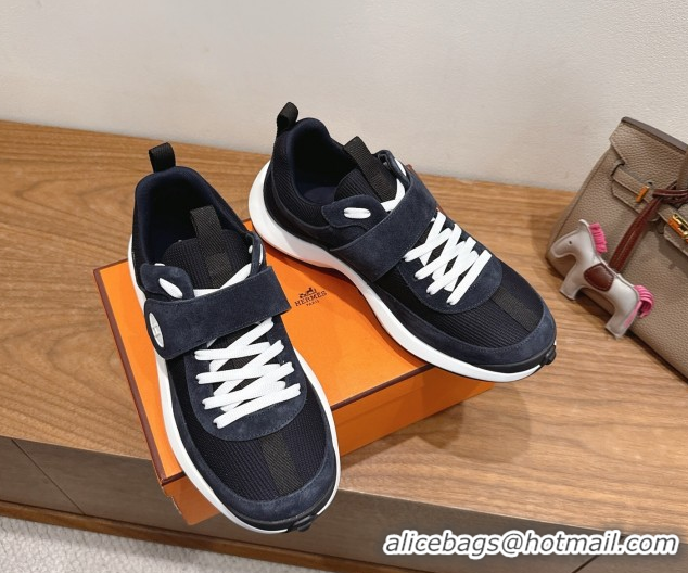 Unique Style Hermes Loop Sneakers in Suede and Knit Mesh with Strap Dark Blue 1023024