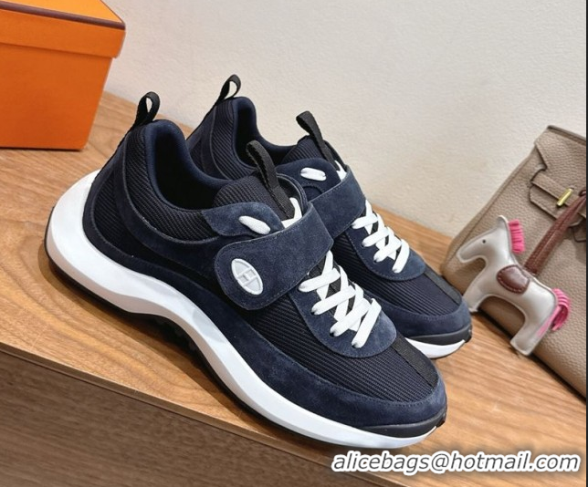 Unique Style Hermes Loop Sneakers in Suede and Knit Mesh with Strap Dark Blue 1023024