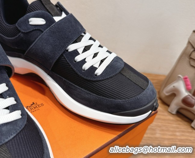 Unique Style Hermes Loop Sneakers in Suede and Knit Mesh with Strap Dark Blue 1023024