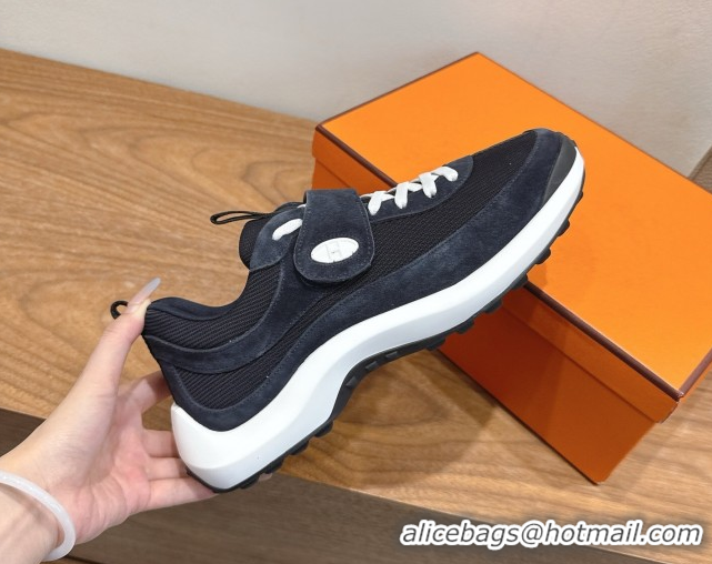Unique Style Hermes Loop Sneakers in Suede and Knit Mesh with Strap Dark Blue 1023024