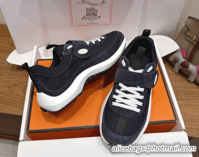 Unique Style Hermes Loop Sneakers in Suede and Knit Mesh with Strap Dark Blue 1023024