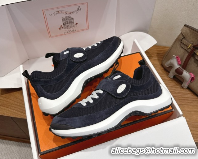 Unique Style Hermes Loop Sneakers in Suede and Knit Mesh with Strap Dark Blue 1023024