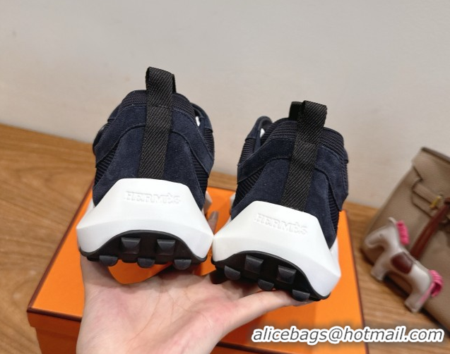 Unique Style Hermes Loop Sneakers in Suede and Knit Mesh with Strap Dark Blue 1023024
