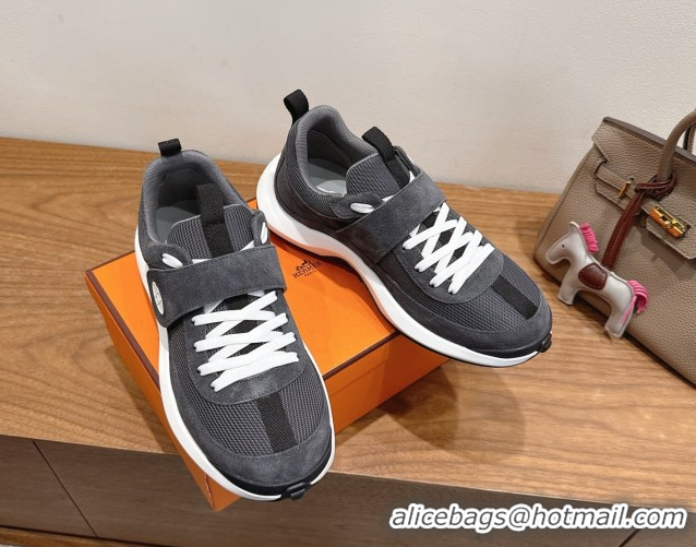 Best Product Hermes Loop Sneakers in Suede and Knit Mesh with Strap Dark Grey 1023026