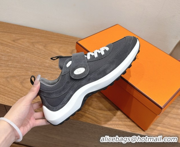 Best Product Hermes Loop Sneakers in Suede and Knit Mesh with Strap Dark Grey 1023026