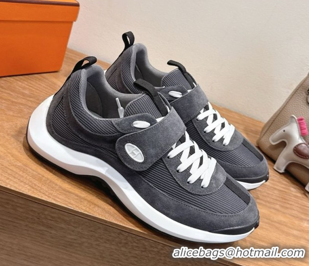 Best Product Hermes Loop Sneakers in Suede and Knit Mesh with Strap Dark Grey 1023026