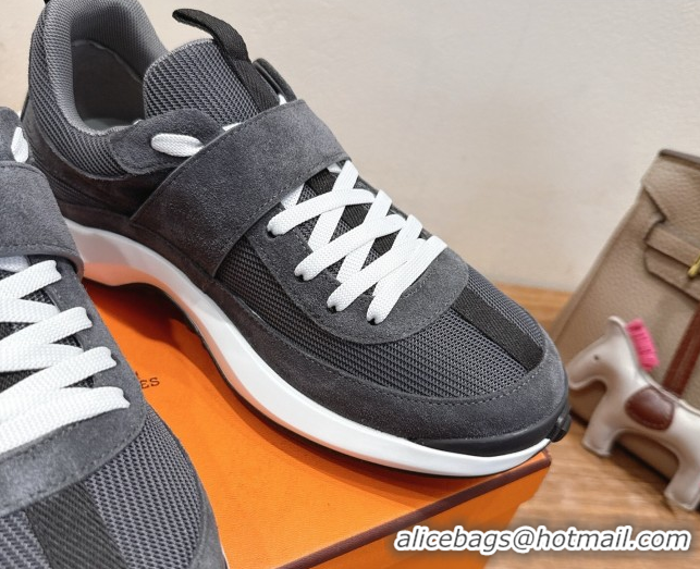 Best Product Hermes Loop Sneakers in Suede and Knit Mesh with Strap Dark Grey 1023026