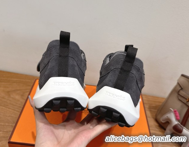 Best Product Hermes Loop Sneakers in Suede and Knit Mesh with Strap Dark Grey 1023026