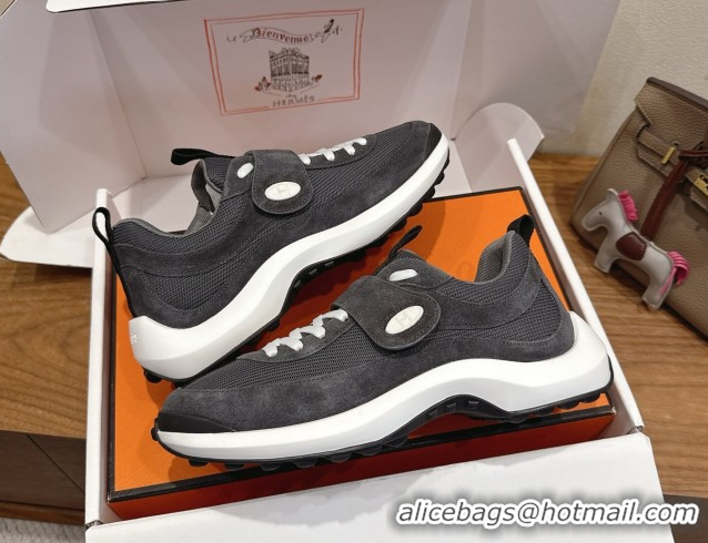 Best Product Hermes Loop Sneakers in Suede and Knit Mesh with Strap Dark Grey 1023026