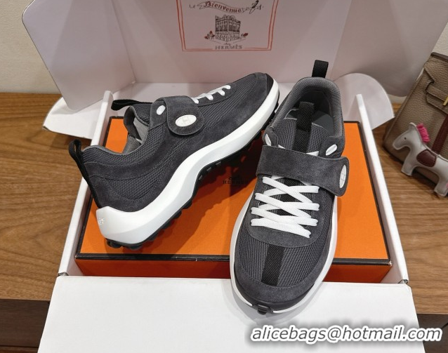 Best Product Hermes Loop Sneakers in Suede and Knit Mesh with Strap Dark Grey 1023026