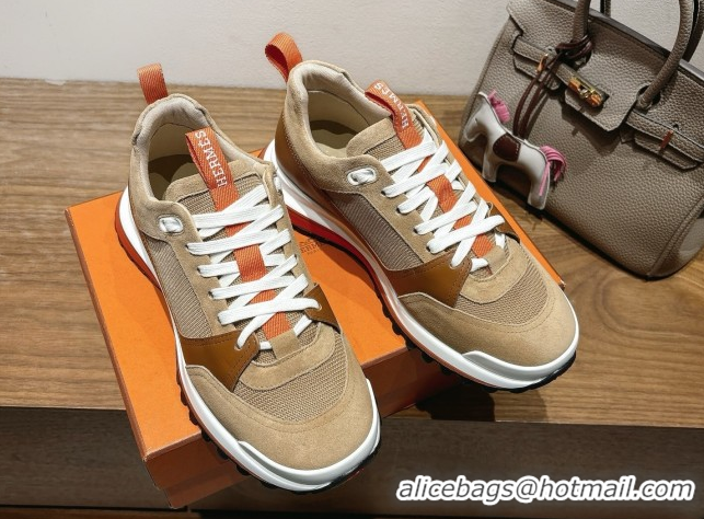 Charming Hermes Leader Sneakers in Suede and Mesh Brown 1023034