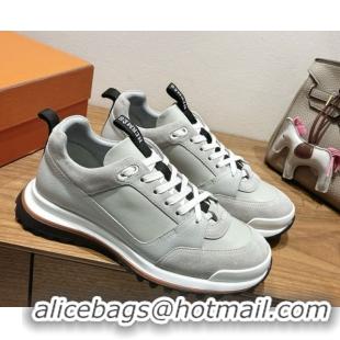 Sumptuous Hermes Leader Sneakers in Suede and Calfskin Leather Grey 1023035