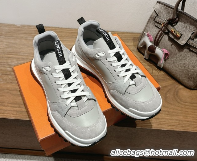 Sumptuous Hermes Leader Sneakers in Suede and Calfskin Leather Grey 1023035