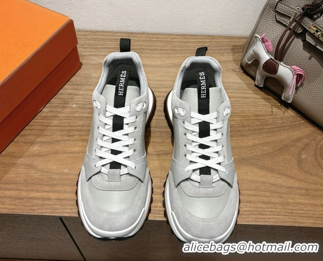 Sumptuous Hermes Leader Sneakers in Suede and Calfskin Leather Grey 1023035