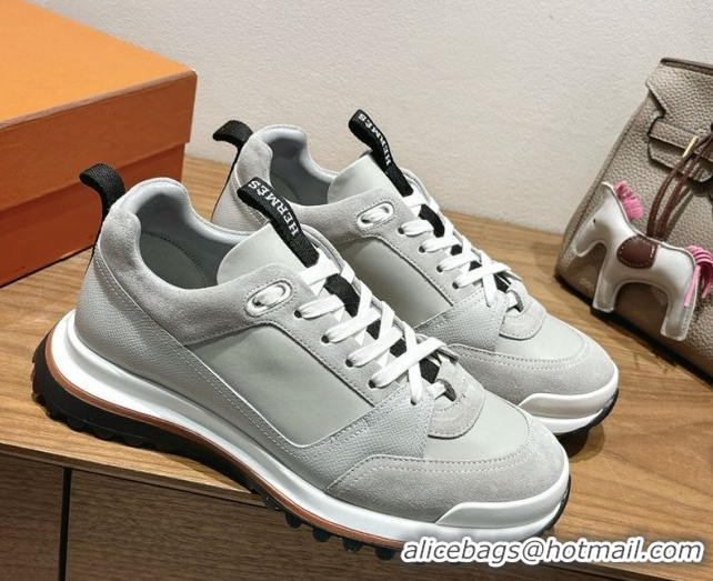 Sumptuous Hermes Leader Sneakers in Suede and Calfskin Leather Grey 1023035