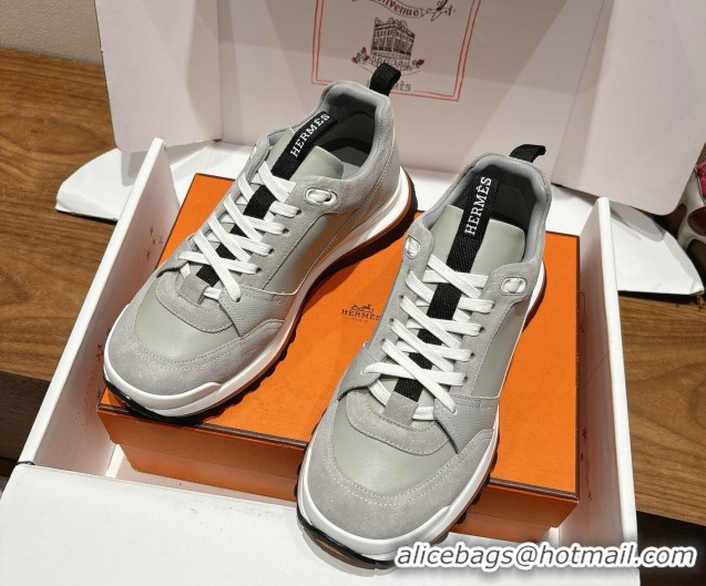Sumptuous Hermes Leader Sneakers in Suede and Calfskin Leather Grey 1023035