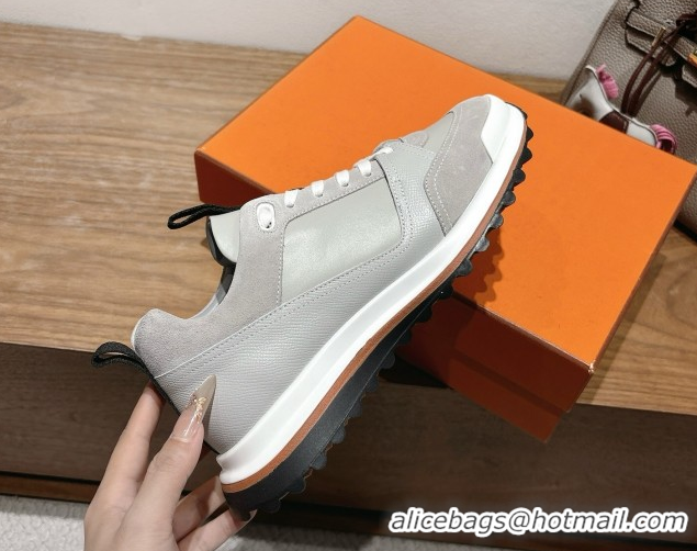 Sumptuous Hermes Leader Sneakers in Suede and Calfskin Leather Grey 1023035